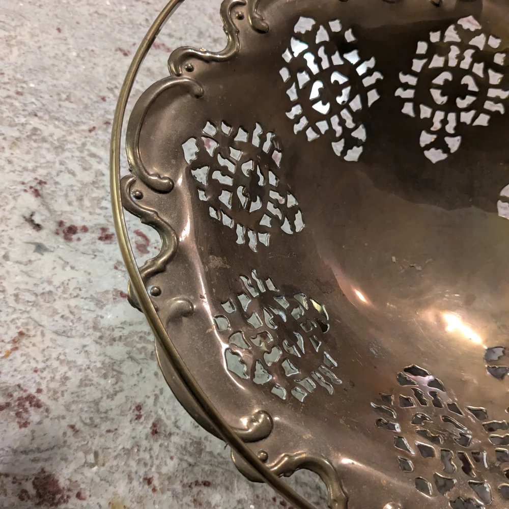 Vintage Brass Decorative Bowl Basket With Handle Victorian Pedestal